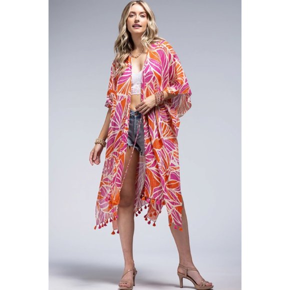 Chelsea Metallic Stripe Palm Leaf Tropical Coverup Open Wrap Kimono Top One Size - Picture 7 of 7